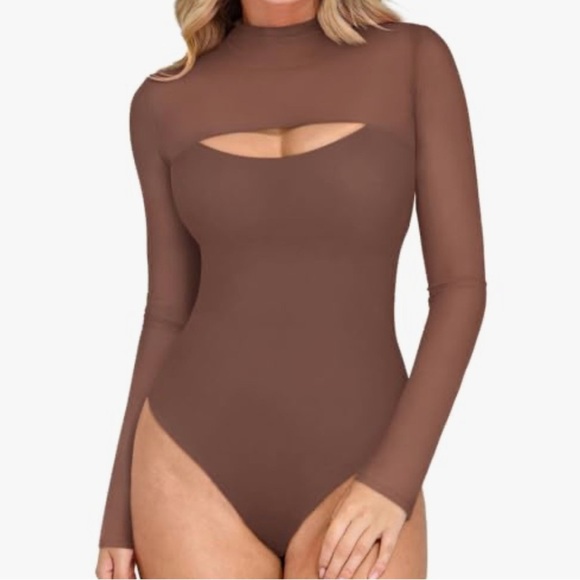 Cutout Turtle Neck Long Sleeve Sheer Mesh Thong Bodysuits - Picture 1 of 5
